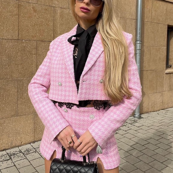 ZARA  SET TEXTURED HOUNDSTOOTH BLAZER + SKIRT - Picture 5 of 8